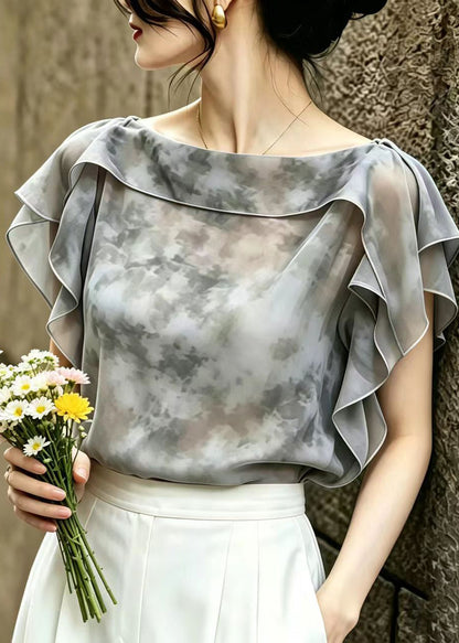 Italian Grey Ruffled Tie Dye Chiffon Top Summer
