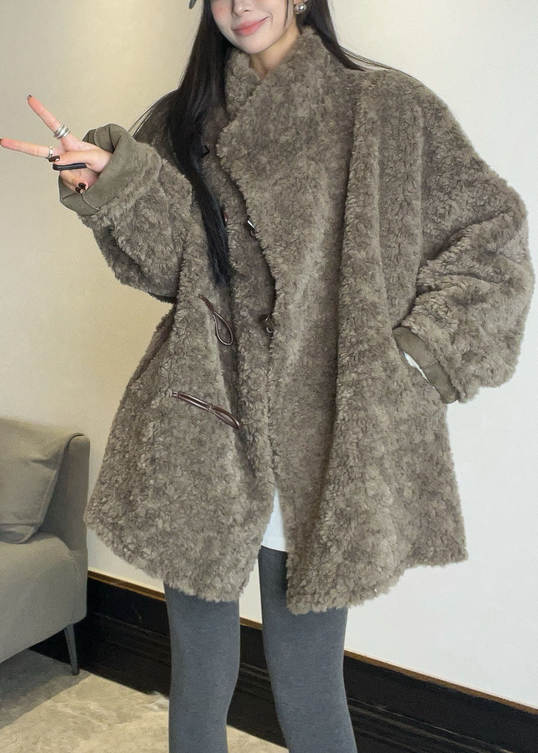 Italian Grey Stand Collar Patchwork Faux Fur Coats Long Sleeve