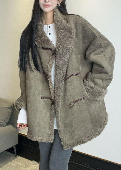 Italian Grey Stand Collar Patchwork Faux Fur Coats Long Sleeve