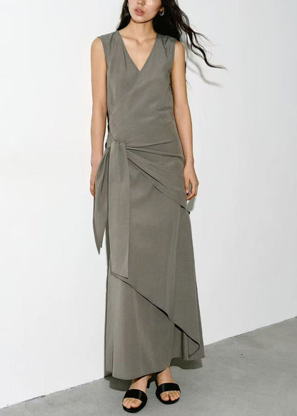 Italian Grey V Neck Asymmetrical Tie Waist Dress Sleeveless