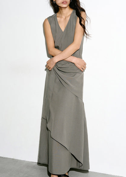 Italian Grey V Neck Asymmetrical Tie Waist Dress Sleeveless