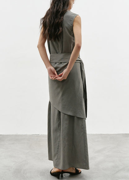 Italian Grey V Neck Asymmetrical Tie Waist Dress Sleeveless