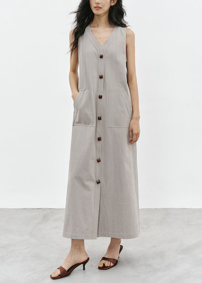 Italian Grey V Neck Pockets Cotton Maxi Dress Sleeveless