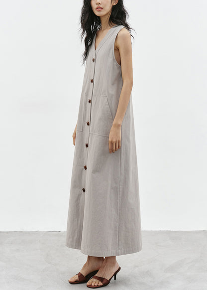 Italian Grey V Neck Pockets Cotton Maxi Dress Sleeveless