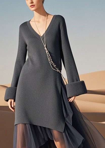 Italian Grey V Neck Tulle Patchwork Knit Sweaters Dress Spring