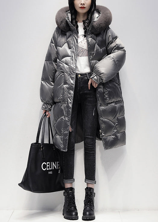 Italian Grey Zip Up Fur Collar cotton blend Hooded Coat Winter