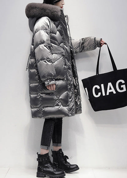 Italian Grey Zip Up Fur Collar cotton blend Hooded Coat Winter