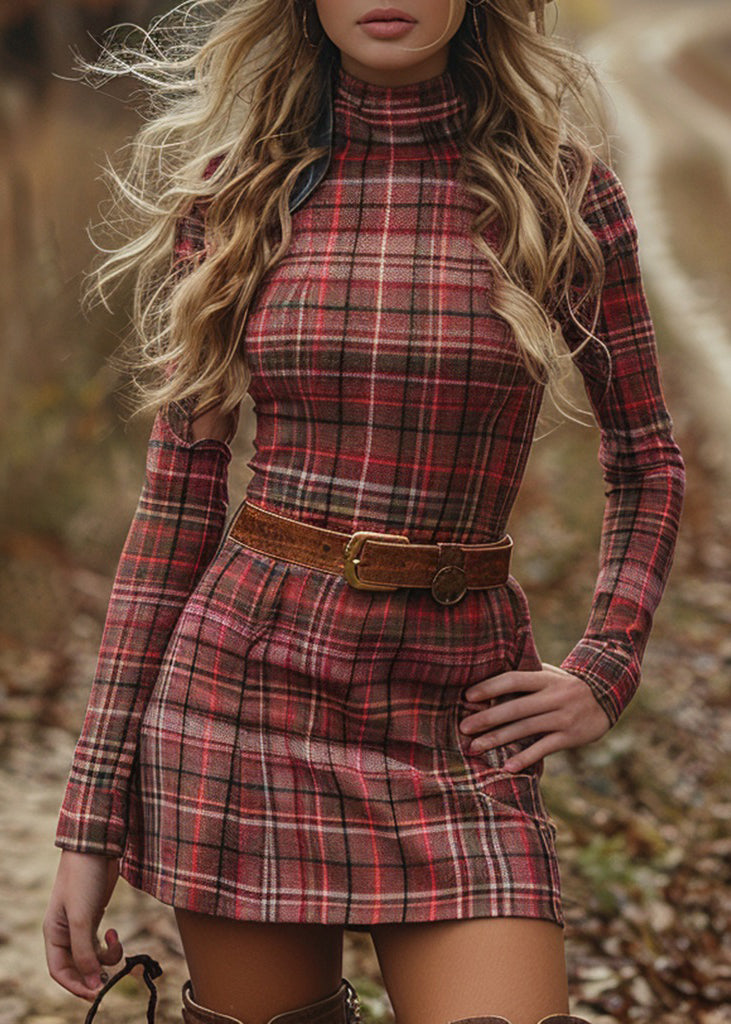 Italian Hign Neck Plaid Cotton Slim Fit Dress Spring