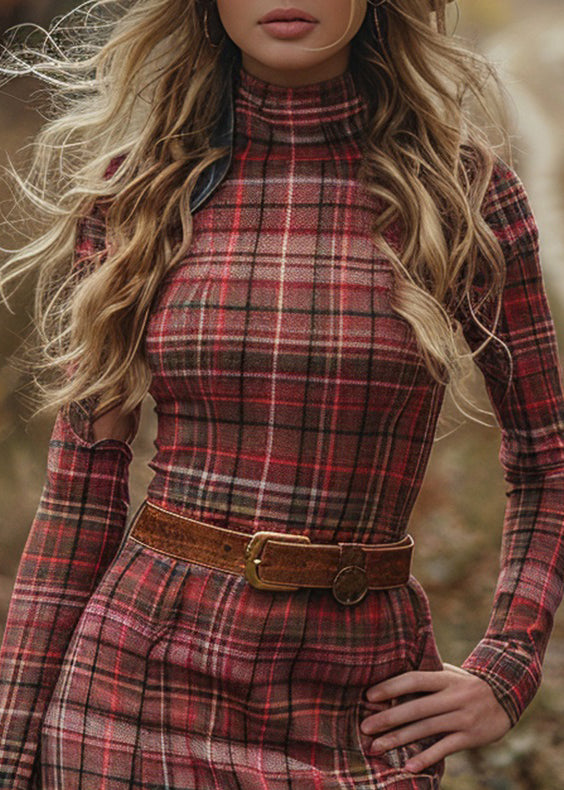 Italian Hign Neck Plaid Cotton Slim Fit Dress Spring