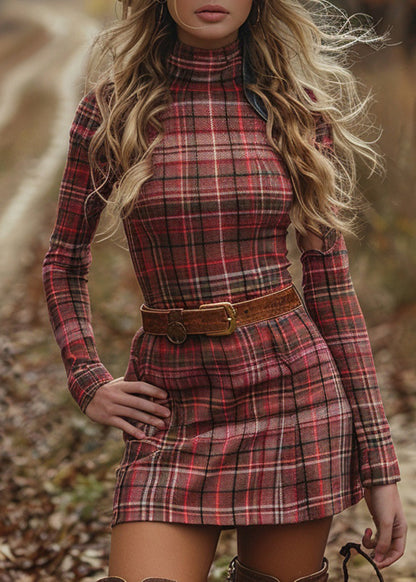 Italian Hign Neck Plaid Cotton Slim Fit Dress Spring