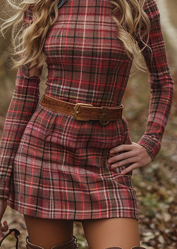 Italian Hign Neck Plaid Cotton Slim Fit Dress Spring