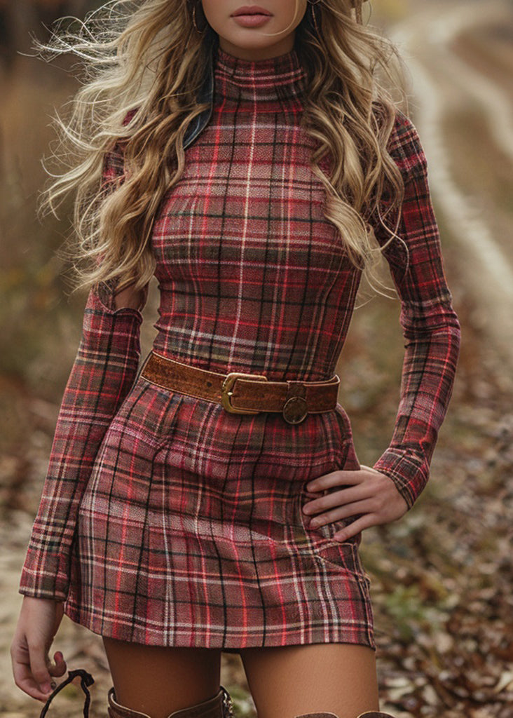 Italian Hign Neck Plaid Cotton Slim Fit Dress Spring