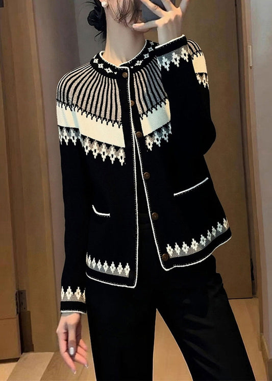 Italian Jacquard Black Stand Collar Button Cotton Knit Cardigans Spring