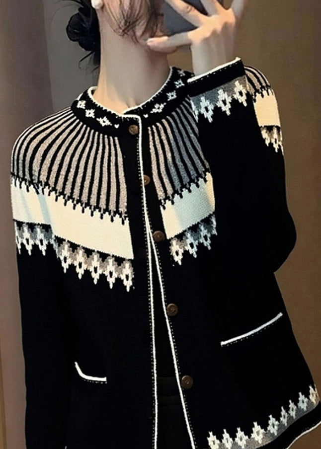 Italian Jacquard Black Stand Collar Button Cotton Knit Cardigans Spring