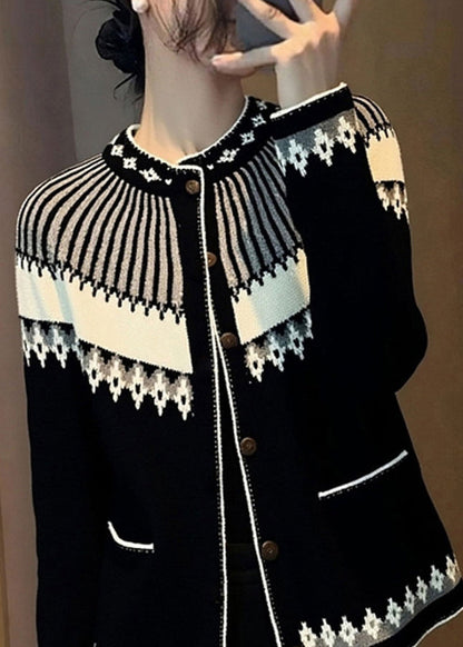 Italian Jacquard Black Stand Collar Button Cotton Knit Cardigans Spring