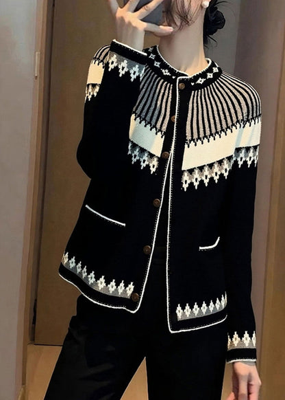 Italian Jacquard Black Stand Collar Button Cotton Knit Cardigans Spring