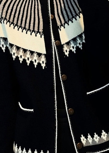 Italian Jacquard Black Stand Collar Button Cotton Knit Cardigans Spring