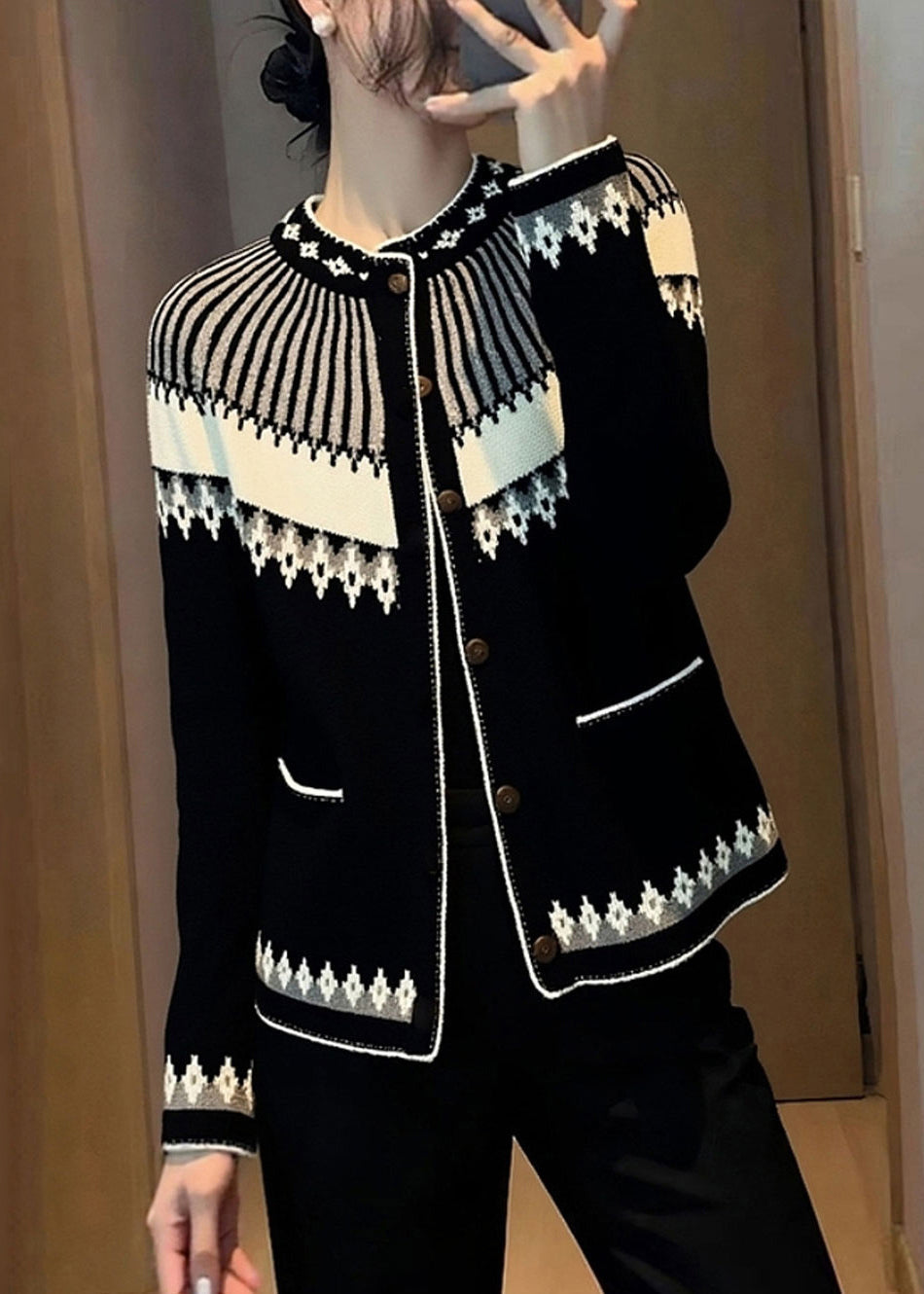 Italian Jacquard Black Stand Collar Button Cotton Knit Cardigans Spring