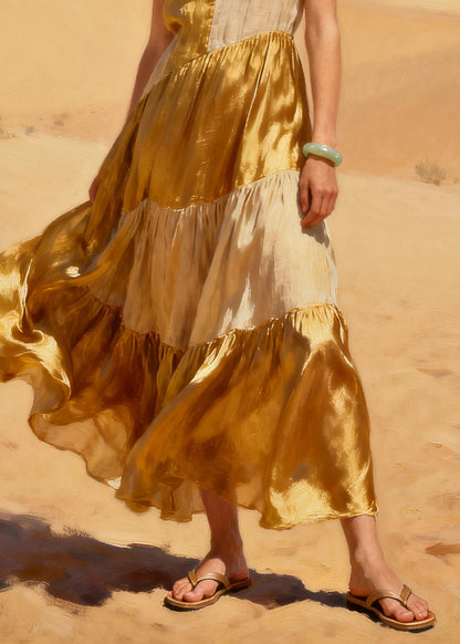Italian Khaki Asymmetrical Patchwork Linen Silk Long Dress Summer