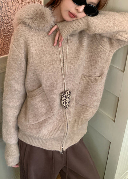 Italian Khaki Hooded Patchwork Faux Fur Knit Coats Winter