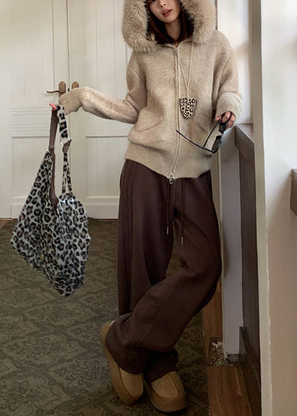 Italian Khaki Hooded Patchwork Faux Fur Knit Coats Winter