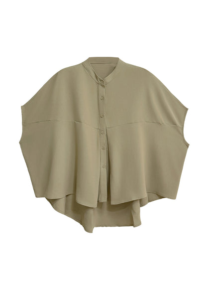 Italian Khaki O Neck Button Patchwork Cotton Shirt Tops Batwing Sleeve