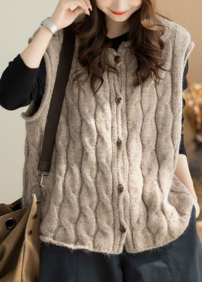 Italian Khaki O-Neck Patchwork Cotton Knit Waistcoat Winter