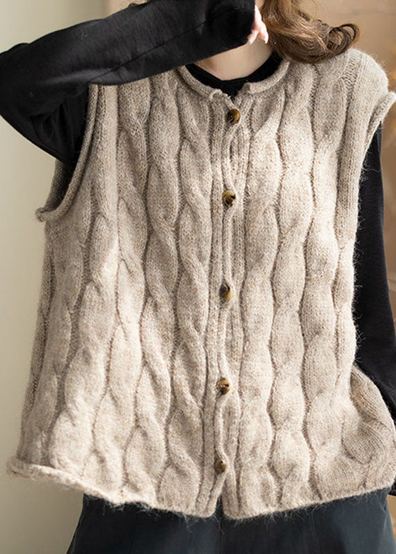 Italian Khaki O-Neck Patchwork Cotton Knit Waistcoat Winter
