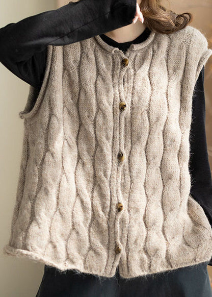 Italian Khaki O-Neck Patchwork Cotton Knit Waistcoat Winter