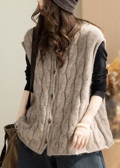 Italian Khaki O-Neck Patchwork Cotton Knit Waistcoat Winter