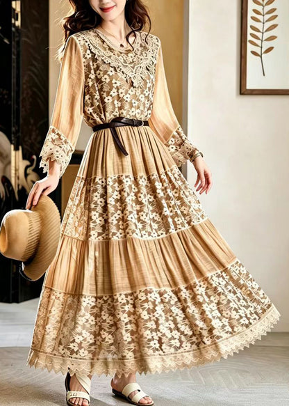 Italian Khaki O-Neck Patchwork Lace Vacation Dresses Fall