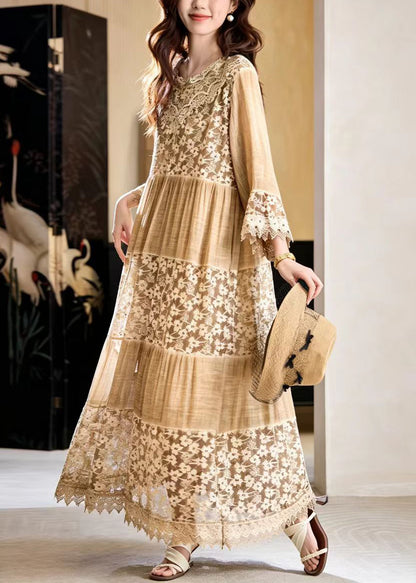 Italian Khaki O-Neck Patchwork Lace Vacation Dresses Fall