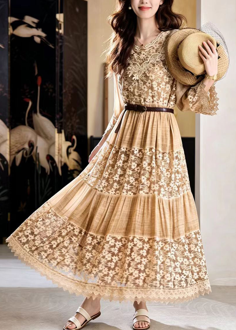 Italian Khaki O-Neck Patchwork Lace Vacation Dresses Fall