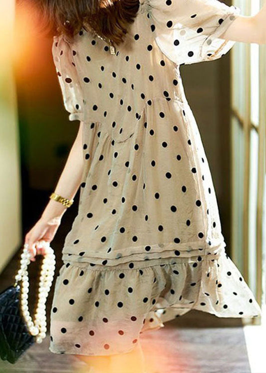 Italian Khaki O Neck Ruffled Dot Patchwork Chiffon Dresses Summer