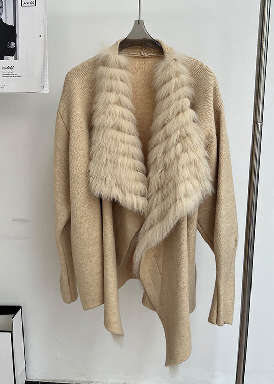 Italian Khaki Peter Pan Collar Fox Collar Patchwork Woolen Cardigan Spring