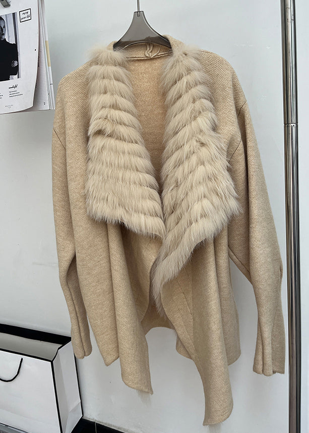 Italian Khaki Peter Pan Collar Fox Collar Patchwork Woolen Cardigan Spring