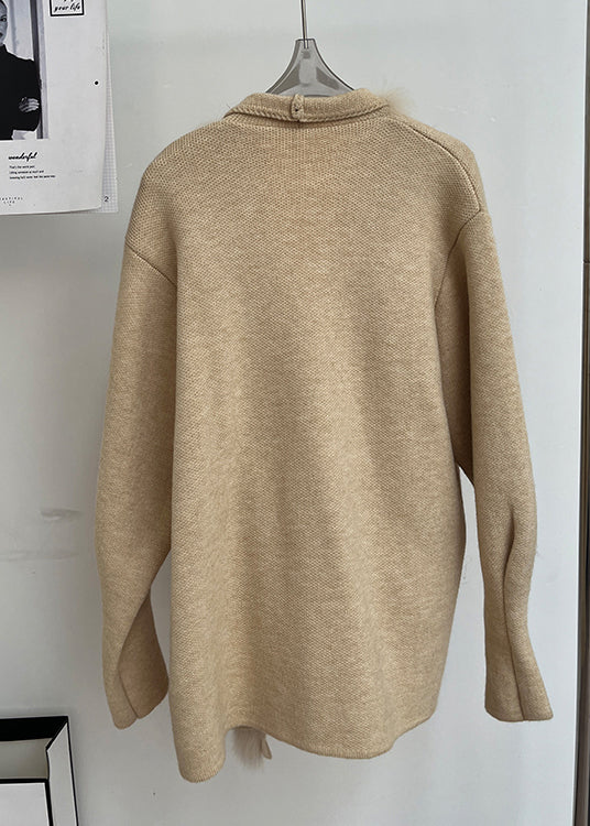 Italian Khaki Peter Pan Collar Fox Collar Patchwork Woolen Cardigan Spring