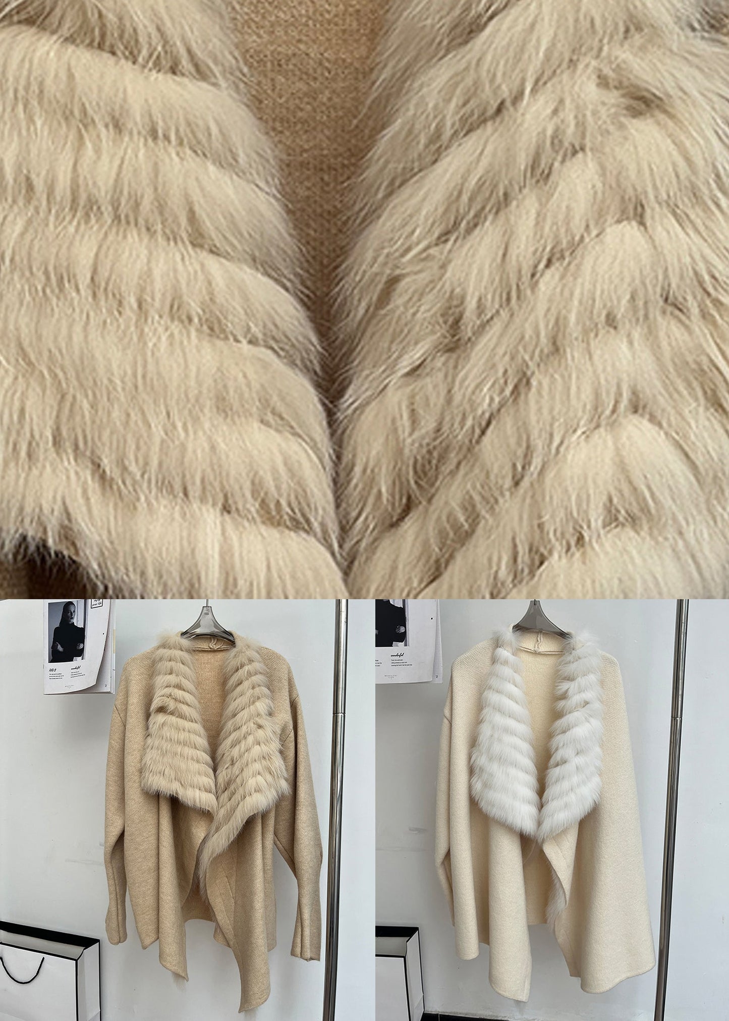 Italian Khaki Peter Pan Collar Fox Collar Patchwork Woolen Cardigan Spring