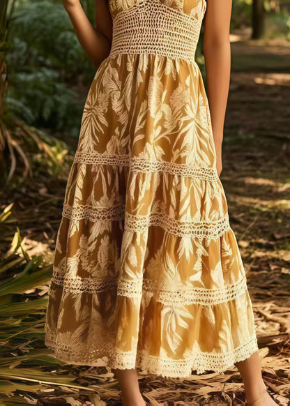 Italian Khaki Print Patchwork Lace Sundress Summer