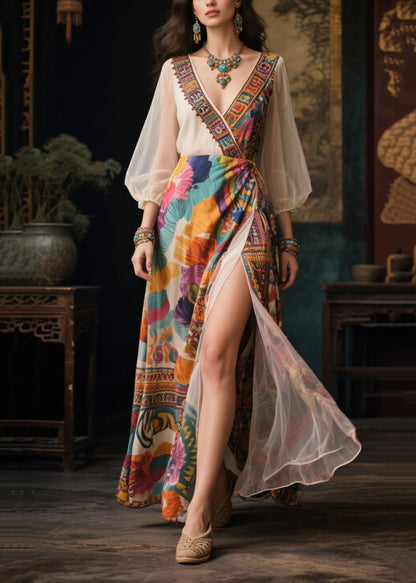 Italian Khaki Print Side Open Chiffon Vacation Dresses Summer