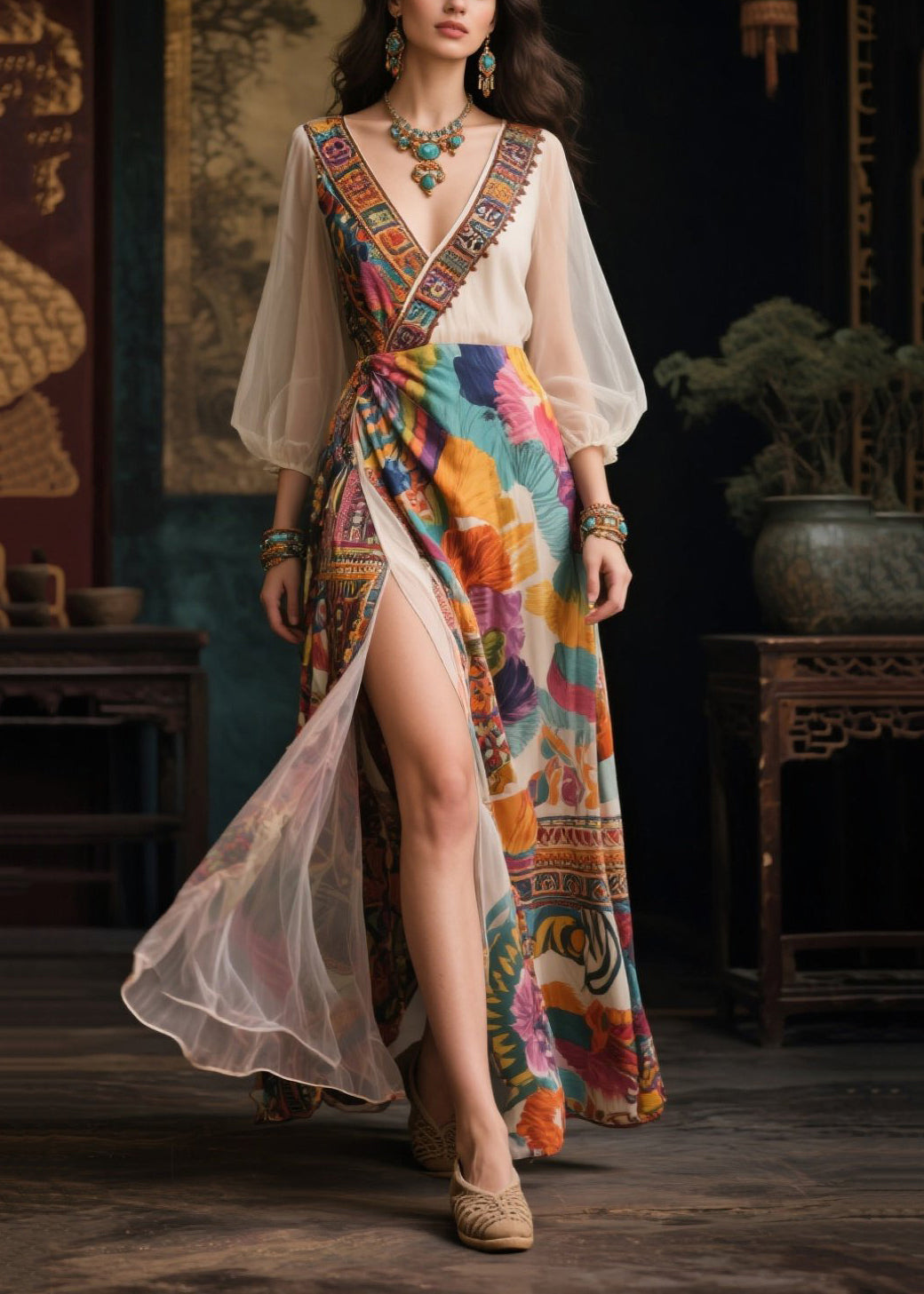 Italian Khaki Print Side Open Chiffon Vacation Dresses Summer