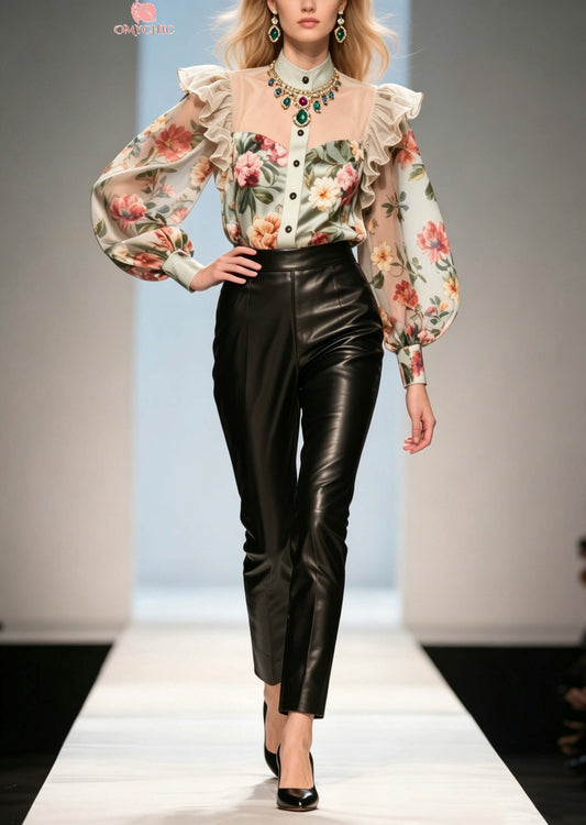 Italian Khaki Ruffled Print Chiffon Top Summer