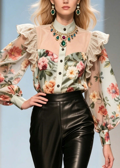 Italian Khaki Ruffled Print Chiffon Top Summer