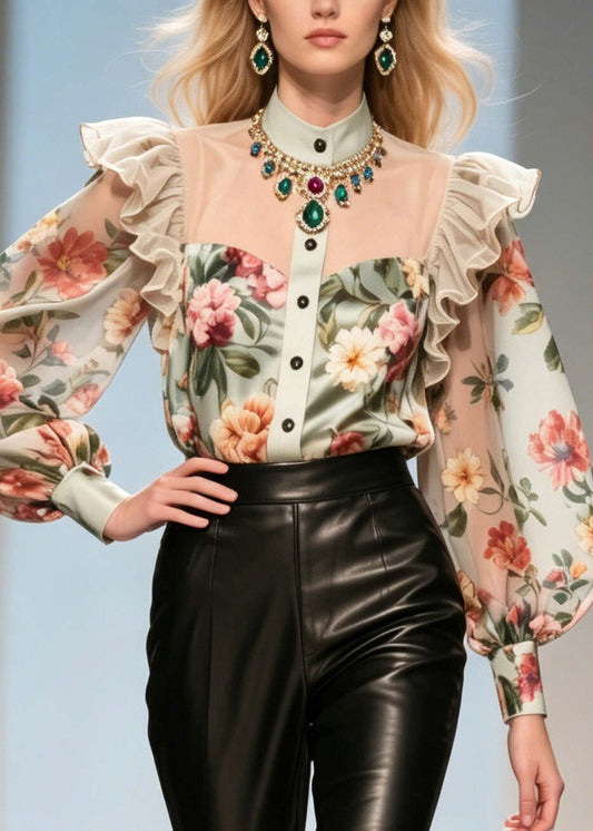 Italian Khaki Ruffled Print Chiffon Top Summer