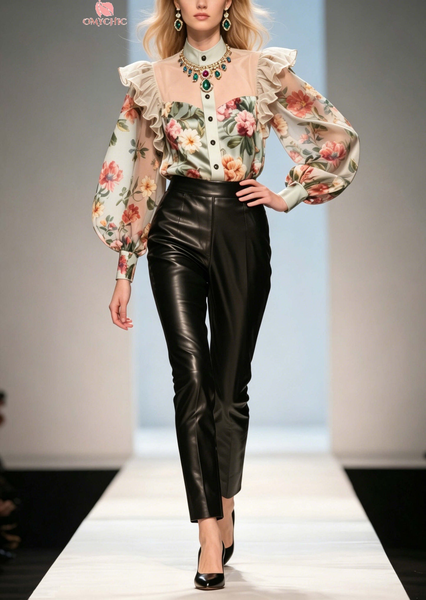 Italian Khaki Ruffled Print Chiffon Top Summer