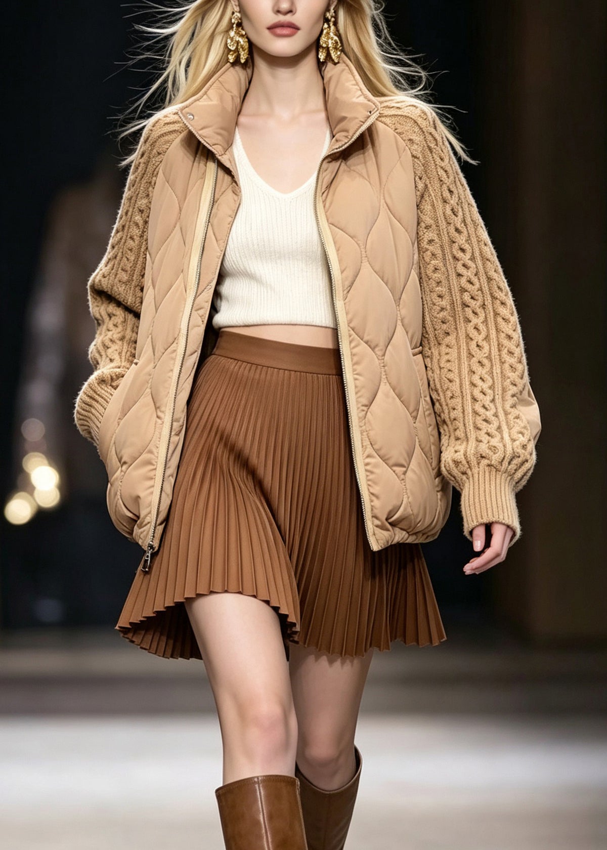 Italian Khaki Stand Collar Knit Patchwork Fine Cotton Filled Jackets Winter