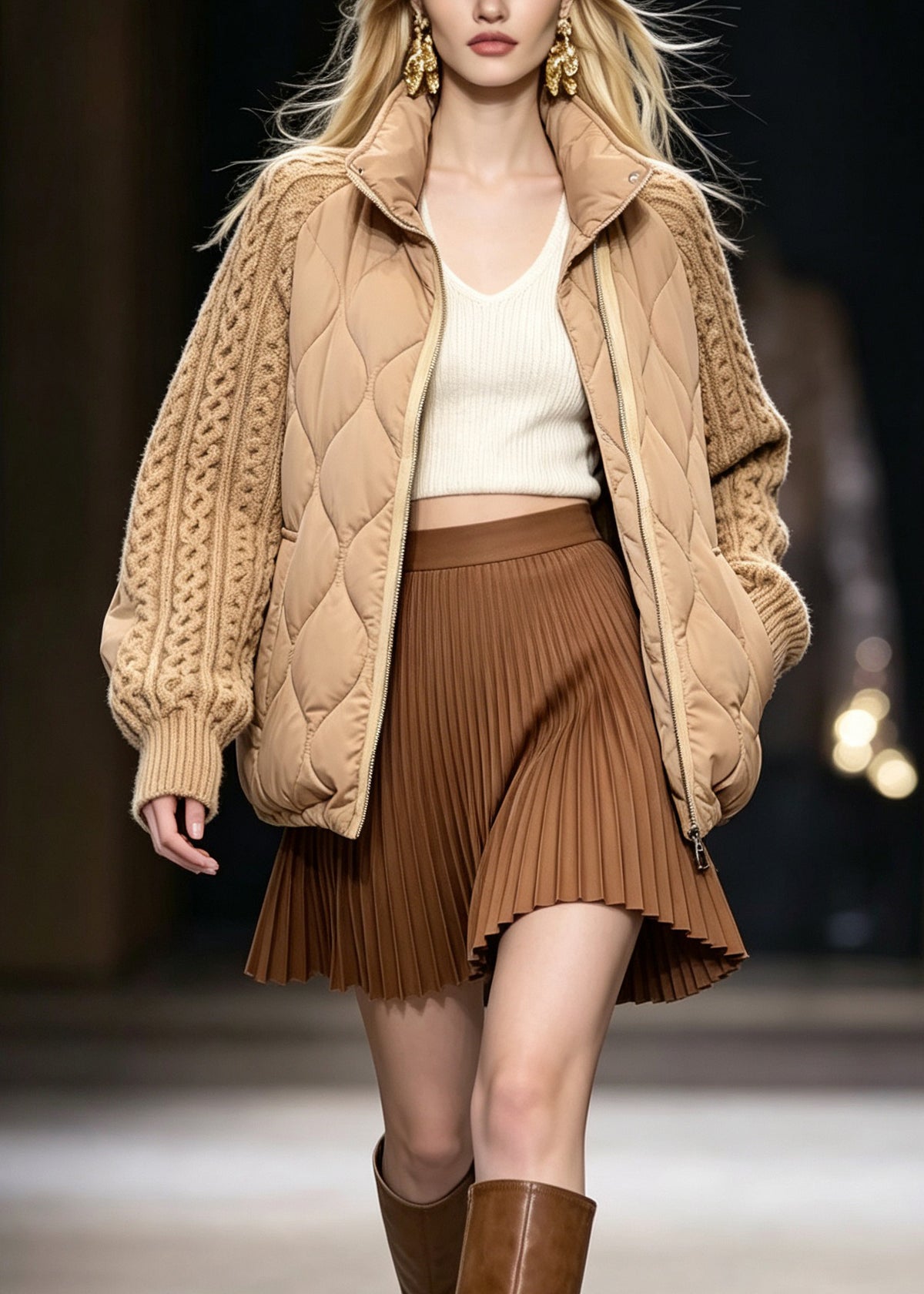 Italian Khaki Stand Collar Knit Patchwork Fine Cotton Filled Jackets Winter