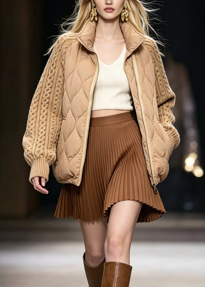 Italian Khaki Stand Collar Knit Patchwork Fine Cotton Filled Jackets Winter