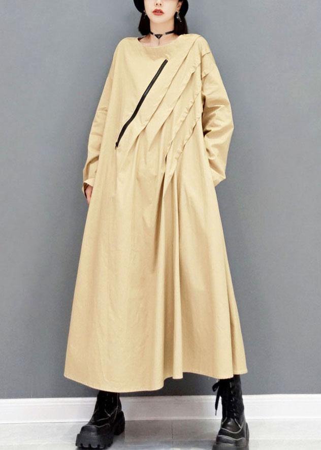 Italian Khaki fashion Casual Fall Long Sleeve Maxi Dresses - SooLinen