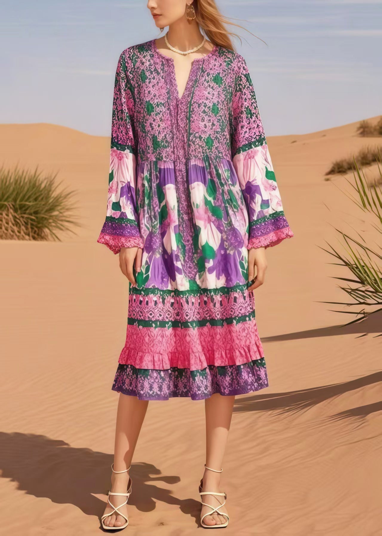 Italian Lavender Oversized Print Cotton Long Dress Spring